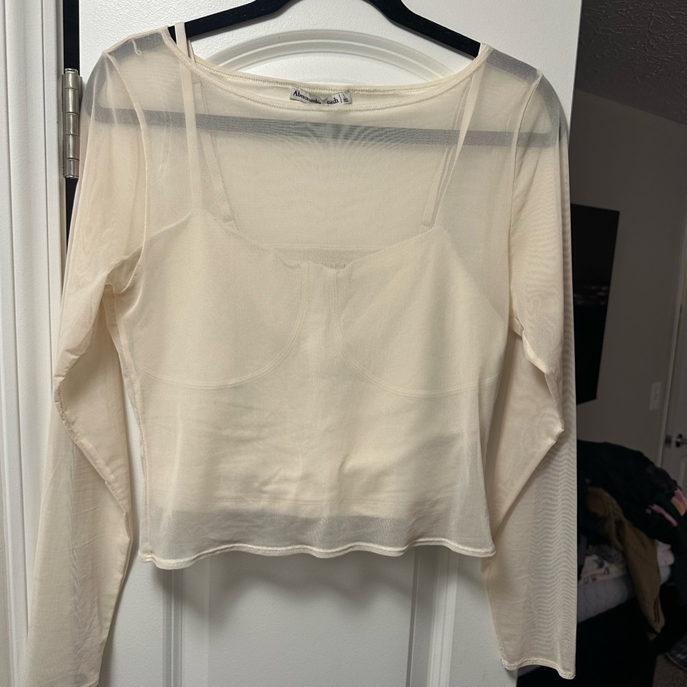Abercrombie & Fitch Cream Long Sleeve Fitted Tank and Mesh Top